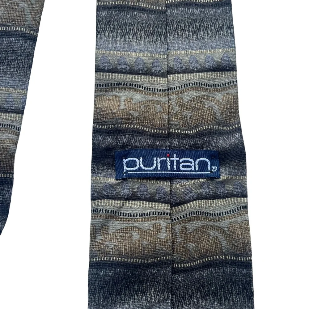Puritan Men’s Blue Gray Tan Stripe Abstract Pattern 100% Silk‎ Classic Neck Tie